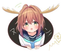 1girl ahoge antlers aqua_neckerchief bare_shoulders blush brown_hair commentary deer_antlers deer_girl green_eyes hair_intakes highres horns looking_at_viewer medium_hair motion_lines nanami_ayane_(kusunoki5050) neckerchief open_mouth school_uniform serafuku shikanoko_noko shikanoko_nokonoko_koshitantan shirt simple_background sketch solo tareme upper_body v-shaped_eyebrows white_background white_shirt