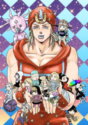 aqua_hair bad_id bad_pixiv_id bandaid bandaid_on_face black_hair blackmore blonde_hair blue_eyes blue_lips bob_cut braid breasts checkered_background chibi cleavage diego_brando disco_(sbr) dress facial_hair funny_valentine glasses goatee grey_hair gun gyro_zeppeli hair_ornament hairclip handgun hat high_ponytail holding horseshoe hot_pants_(sbr) johnny_joestar jojo_no_kimyou_na_bouken light_brown_hair lipstick lucy_steel makeup mask mountain_tim multicolored_hair multiple_boys multiple_girls muscular open_mouth pink_dress pink_hair ponytail revolver ryugue sandman_(sbr) scar scarlet_valentine scary_monsters_(stand) smile stand_(jojo) steel_ball_(jojo) steel_ball_run steven_steel sugar_mountain tail triangle_mouth tusk_(stand) twin_braids two-tone_hair umbrella weapon wekapipo