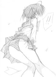 ! !! 00s 10mo 1girl ass blush female_focus graphite_(medium) greyscale monochrome panties pantyshot pleated_skirt school_uniform serafuku side-tie_panties sketch skirt solo striped_clothes striped_panties to_heart_(series) to_heart_2 traditional_media underwear yuzuhara_konomi