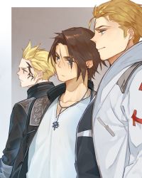 3boys black_jacket black_shirt blonde_hair blue_eyes border brown_background brown_hair chain chain_necklace coat facial_tattoo final_fantasy final_fantasy_viii highres jacket jewelry long_sleeves looking_to_the_side male_focus mohawk multiple_boys necklace nini_tw99 scar scar_on_face seed_uniform_(ff8) seifer_almasy shirt short_hair squall_leonhart square_enix tattoo upper_body white_coat white_shirt zell_dincht
