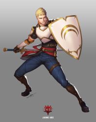 1boy armor belt black_shirt blonde_hair blue_eyes breastplate brown_belt brown_footwear character_name commentary copyright_logo copyright_name crocea_mors_(rwby) denim english_commentary grey_background highres holding holding_shield holding_sword holding_weapon jaune_arc jeans official_art pants pauldrons rwby shield shirt short_hair shoulder_armor signature simple_background solo sword uyalago weapon