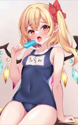1girl absurdres blonde_hair blue_one-piece_swimsuit commentary_request covered_navel cowboy_shot crystal_wings flandre_scarlet food gradient_background grey_background highres long_hair looking_at_viewer name_tag old_school_swimsuit one-piece_swimsuit pointy_ears popsicle red_eyes school_swimsuit shirotsuki_shirone side_ponytail sitting solo swimsuit tongue tongue_out touhou wings