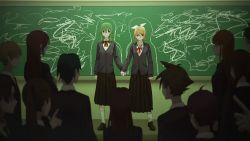 black_skirt blonde_hair blue_eyes bow bow_hairband cardigan chalkboard classroom commentary crowd frown green_eyes green_hair grey_cardigan gumi hair_bow hairband highres holding_hands indoors kagamine_rin long_skirt looking_at_another medium_hair neck_ribbon outline pleated_skirt red_ribbon ribbon school_uniform scribble short_hair sidelocks skirt vocaloid white_bow wounds404 yuri