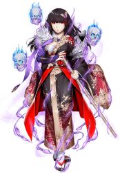 1girl artist_request bad_source breasts brown_hair chest_sarashi floating_skull full_body game_cg hair_ornament holding japanese_clothes official_art red_eyes red_lips red_nails sarashi sennen_sensou_aigis shino_(sennen_sensou_aigis) solo third-party_source transparent_background