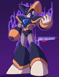 1boy android arm_cannon armor artist_name aura bass_(mega_man) black_helmet chest_jewel dark_aura facial_mark forehead_jewel full_body helmet highres hotbloodedmecha looking_at_viewer male_focus mega_man_(classic) mega_man_(series) purple_background red_eyes robot smile standing teeth weapon