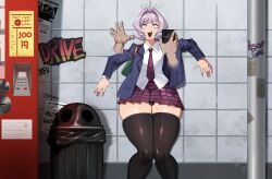 2boys bulge dark-skinned_male dark_skin disembodied_hand highres interracial komi-san_wa_komyushou_desu looking_at_viewer multiple_boys open_mouth osana_najimi_(komi-san_wa_komyushou_desu) panties penis phone purple_hair scared school_uniform shincoconuttsu surprised sweat thighhighs underwear