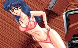 1990s_(style) 1995 1girl blue_eyes blue_hair blush breasts clothing_aside dutch_angle game_cg glasses hoshi_no_suna_monogatari_3 indoors lingerie long_hair looking_at_viewer nipples non-web_source open_mouth pc-98_(style) pixel_art retro_artstyle smile standing straight_hair underwear
