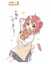 1girl :d ahoge akaza_akari apron blue_skirt blush_stickers carrot commentary_request cropped_legs double_bun hair_bun highres holding holding_ladle ladle long_sleeves looking_at_viewer namori onion open_mouth pleated_skirt purple_eyes red_hair shirt short_hair simple_background skirt smile solo translation_request white_background white_shirt yellow_apron yuruyuri