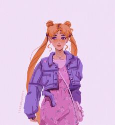1girl artist_name bag bishoujo_senshi_sailor_moon blonde_hair blush double_bun dress earrings hair_bun highres itsbabypears jacket jewelry long_hair long_sleeves necklace open_clothes open_jacket parted_bangs pink_dress sailor_moon simple_background smile solo tsukino_usagi twintails twitter_username