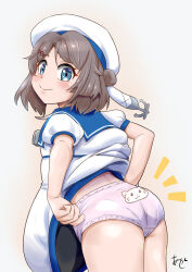 1girl akashieru animal_print ass back-print_panties blue_eyes blue_sailor_collar cat_panties cat_print clothes_lift dress dress_lift from_behind grey_hair hair_bun hat highres kaiboukan_no._30_(kancolle) kantai_collection looking_at_viewer looking_back notice_lines panties pink_panties print_panties sailor_collar sailor_dress sailor_hat short_hair smile solo underwear white_dress white_hat