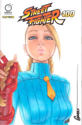 Rule 34 | 1girl, blonde hair, blue eyes, cammy white, capcom, gloves, lips, lipstick, looking at viewer, makeup, omar dogan, ponytail, red gloves, scar, signature, solo, street fighter, udon entertainment
