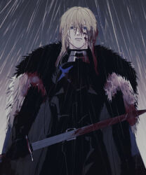 1boy armor belt belt_buckle black_armor black_belt black_fur blood blood_in_hair blood_on_clothes blood_on_face bloody_weapon blue_eyes breastplate buckle cowboy_shot dimitri_alexandre_blaiddyd dimitri_alexandre_blaiddyd_(timeskip) emushino fire_emblem fire_emblem:_three_houses gauntlets grey_sky hair_between_eyes holding holding_sword holding_weapon looking_at_viewer male_focus medium_hair nintendo rain sky solo sword weapon wet wet_clothes wet_hair white_fur