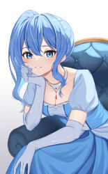 1girl absurdres bibbidiba_(hololive) blue_dress blue_eyes blue_hair breasts chair cleavage collarbone detached_collar dress elbow_gloves gloves grin high_side_ponytail highres hololive hoshimachi_suisei leaning_forward looking_at_viewer minase03mio simple_background sitting small_breasts smile solo star_(symbol) star_in_eye symbol_in_eye virtual_youtuber white_background white_gloves