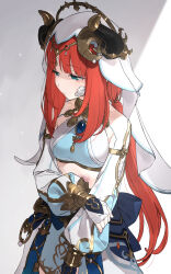 Rule 34 | 1girl, absurdres, armlet, bandage on face, bandaged arm, bandages, blue skirt, bracer, breasts, brooch, bruise, bruise on stomach, commentary, domestic violence, fake horns, genshin impact, green eyes, hair ornament, harem outfit, highres, horns, jewelry, long hair, long sleeves, looking away, low twintails, medium breasts, nanmo (nanmokamo), neck ring, nilou (genshin impact), puffy long sleeves, puffy sleeves, red hair, sad, sash, sidelocks, skirt, solo, twintails, veil