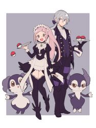 1boy 1girl alternate_hair_color black_thighhighs bridal_gauntlets butler do_m_kaeru felicia_(fire_emblem) fire_emblem fire_emblem_fates gen_8_pokemon grey_hair indeedee jakob_(fire_emblem) long_hair looking_at_viewer low_ponytail maid maid_headdress nintendo parted_lips poke_ball pokemon ponytail smile thighhighs translated tray v-shaped_eyebrows