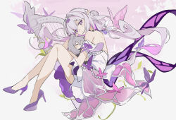 2girls absurdres bare_shoulders bug butterfly castorice_(honkai:_star_rail) chinese_commentary commentary_request dress from_side full_body grey_hair harp high_heels highres holding holding_mini_person honkai:_star_rail honkai_(series) insect instrument knees_up liliya_qiaokuoai long_hair looking_at_viewer mini_person minigirl multiple_girls pointy_ears purple_butterfly purple_eyes purple_hair purple_shoes shoes stelle_(honkai:_star_rail) tiara trailblazer_(honkai:_star_rail) white_dress