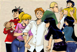3girls 4boys ;p archie archie_andrews archie_comics arm_grab ayablue22 betty_cooper black_hair blonde_hair blue_eyes blunt_bangs burger closed_eyes crown eating eye_contact food freckles highres jughead_jones long_hair looking_at_another midge_klump midriff moose_mason multiple_boys multiple_girls one_eye_closed orange_hair ponytail reggie_mantle short_hair skirt sweater tongue tongue_out veronica_lodge