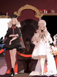 1boy 2girls absurdres black_cape black_collar black_footwear black_hair black_headwear black_jacket black_necktie black_skirt black_sleeves black_suit board_game boots bow bowtie buttons candle cape character_request chess chest_jewel chongzhen_085 clenched_hands collar copyright_request dress drill_hair faceless faceless_male fire flower formal_clothes full_body gem grey_eyes grey_vest hair_flower hair_ornament hand_on_own_arm hands_on_own_chest hat high_collar highres indoors jacket jewelry lace lace-trimmed_skirt lace_trim long_hair long_sleeves looking_at_viewer medium_skirt miniskirt mirror multiple_girls necktie open_clothes open_jacket parted_lips petticoat phoenix_crown pink_eyes plant playing_chess potted_plant puffy_short_sleeves puffy_sleeves red_bow red_bowtie red_cape red_gemstone red_shirt ring shirt shoes short_hair short_sleeves sitting skirt skirt_set straight-on suit twin_drills two-sided_cape two-sided_fabric vase very_long_hair very_short_hair vest wavy_hair white_cape white_dress white_flower white_footwear white_hair white_headwear white_shirt white_skirt white_sleeves