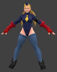 1girl 3d antenna_hair blonde_hair blue_thighhighs cammy_white garrison_cap gauntlets gloves hat highleg highleg_leotard highres legs leotard lips necktie ribbed_leotard shoes street_fighter street_fighter_v thick_thighs thighhighs thighs thong_leotard turtleneck twintails