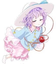 1girl aqua_ribbon blue_shirt buttons closed_mouth collar frilled_collar frilled_shirt_collar frilled_sleeves frills full_body half-closed_eyes hat hat_ribbon heart_button highres komeiji_satori long_sleeves messy_hair pink_eyes pink_skirt purple_hair ribbon s-a-murai shirt skirt smile socks solo sun_hat third_eye touhou white_background white_hat white_socks wide_sleeves