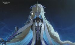 1girl absurdres artist_name bare_shoulders black_collar black_dress blonde_hair blue_eyes blue_hair breast_curtains breasts closed_mouth collar colored_inner_hair commentary crown_of_thorns dress earrings fleurdelys_(wuthering_waves) floating_earrings highres holding holding_sword holding_weapon horns jewelry large_breasts long_hair looking_at_viewer multicolored_hair necklace noe_(noe_1468) pointy_ears single_horn solo sword tacet_mark_(wuthering_waves) upper_body very_long_hair weapon wuthering_waves yellow_horns