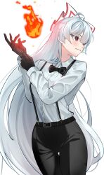1girl alternate_costume belt black_bow black_bowtie black_gloves bow bowtie butler buttons dress_pants dress_shirt fire fujiwara_no_mokou gloves hair_bow highres long_hair long_sleeves maaakaronii ofuda overalls pants red_eyes shirt smile solo suspenders touhou very_long_hair white_background white_hair white_shirt
