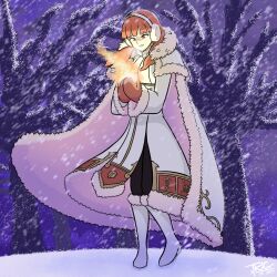 1girl absurdres adapted_costume alternate_costume black_leggings blizzard boots cape celica_(fire_emblem) coat dress earmuffs fire fire_emblem fire_emblem_echoes:_shadows_of_valentia fur_trim gloves highres jd02 leggings long_hair magic nintendo orange_eyes orange_hair princess red_eyes red_hair snow solo tiara tree white_boots white_dress winter winter_clothes winter_coat