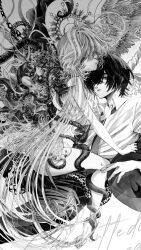 1boy 1girl ass asymmetrical_wings aya_carmine body_horror breasts clothed_male_nude_female commentary_request expressionless feathered_wings flower_wings formal_clothes girl_on_top greyscale hetero highres hitomi_hirosuke_(sayonara_wo_oshiete) jacket leaf_wings long_hair looking_at_viewer mismatched_wings monochrome necktie nipples nude off_shoulder open_clothes open_jacket parted_lips plant_wings sayonara_wo_oshiete small_breasts straddling suction_cups sugamo_mutsuki suit tendril tentacles traditional_media very_long_hair wings