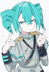 1girl alternate_costume alternate_hairstyle black_sleeve_cuffs blue_hair blue_trim buttons cosplay crossed_bangs double-breasted drill_hair grey_shirt hair_between_eyes hands_up hatsune_miku highres index_finger_raised kasane_teto kasane_teto_(cosplay) kasane_teto_(sv) layered_sleeves long_sleeves looking_at_viewer sacrai shirt shoulder_belt shoulder_boards simple_background smile solo synthesizer_v twin_drills twirling_hair utau white_background