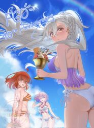 Rule 34 | 3girls, ahoge, angie03, arms behind back, ass, bare shoulders, bikini, blue sky, blush, braid, breasts, corrupted twitter file, day, fate/grand order, fate (series), fujimaru ritsuka (female), grey hair, hair between eyes, highres, holding, holy grail (fate), large breasts, long hair, looking at viewer, looking back, mash kyrielight, multiple girls, navel, olga marie animusphere, open mouth, orange hair, outdoors, purple hair, short hair, side-tie bikini bottom, sky, smile, standing, stomach, striped bikini, striped clothes, swimsuit, watermark, white bikini, yellow eyes