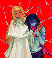 1girl 1other animal_ears antlers armor black_hair blonde_hair blood blood_on_hands blue_skin buck_teeth cape closed_eyes colored_skin deer_antlers deer_ears deer_girl deltarune drill_hair drill_sidelocks freckles furry furry_female heart heart_in_eye highres holding_another&#039;s_arm horns injury kris_(dark_world)_(deltarune) kris_(deltarune) lambapostle long_sleeves noelle_holiday noelle_holiday_(dark_world) one_eye_covered pants pink_cape red_background reindeer_antlers reindeer_girl robe shaded_face short_hair sidelocks simple_background spoilers symbol_in_eye teeth weird_route_(deltarune) white_robe