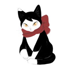 :&lt; animal animal_focus animalization cat clothed_animal dungeon_meshi frs2 full_body highres izutsumi looking_at_viewer no_humans red_scarf scarf simple_background sitting slit_pupils solo white_background yellow_eyes
