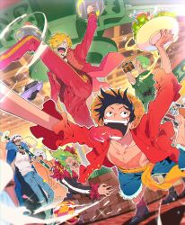 6+boys absurdres animal animal_on_shoulder bandana_around_arm bartolomeo bear bepo_(one_piece) bird bird_on_shoulder black_gloves blonde_hair blue_shorts commentary_request curly_eyebrows denim earrings gloves green_hair hair_over_one_eye happy_tears hat hattori_(one_piece) highres jeans jewelry jumpsuit male_focus monkey_d._luffy multiple_boys one_piece open_clothes open_mouth open_shirt orange_jumpsuit pants pigeon red_sash rob_lucci roronoa_zoro sanji_(one_piece) sash scar scar_on_chest scar_on_face short_hair shorts sidelocks sparkle straw_hat tears tongue tongue_out trafalgar_law wciarigatou yellow_sash