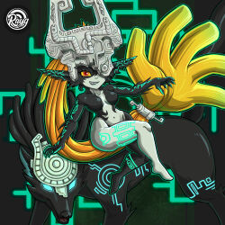 Rule 34 | 1girl, 1other, artist name, breasts, colored sclera, eyelashes, female focus, helmet, highres, large breasts, long hair, looking at viewer, midna, navel, nintendo, no humans, orange hair, pointy ears, rayg, red eyes, shortstack, sitting, the legend of zelda, the legend of zelda: twilight princess, wide hips, wolf, yellow sclera