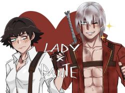 Rule 34 | 1boy, 1girl, artist name, black hair, blood, blue eyes, blush, character name, coat, dante (devil may cry), devil may cry, devil may cry (series), devil may cry 3, fingerless gloves, gloves, green eyes, heart, heterochromia, highres, holding hands, jewelry, jumpoon, lady (devil may cry), necklace, no shirt, one eye closed, rebellion (sword), red coat, red eyes, scar, scar on face, scar on nose, shirt, sweatdrop, sword, sword on back, weapon, weapon on back, white hair, white shirt
