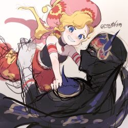1boy 1girl assassin bare_shoulders blonde_hair blue_eyes blush cape choker family father_and_daughter final_fantasy final_fantasy_vi gloves hanaon hat long_hair mask mouth_mask ninja ninja_mask ninjatou relm_arrowny shadow_(ff6) short_sword simple_background smile strapless sword weapon white_background