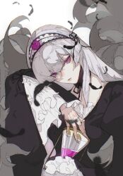 1girl black_dress dress feathers highres long_hair looking_at_viewer purple_eyes rozen_maiden solo suigintou white_hair yinggu
