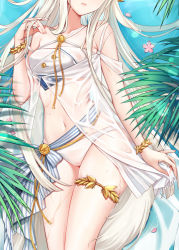 1girl aiguillette arknights bare_legs bikini bracelet breasts chinese_commentary closed_mouth collarbone criss-cross_halter dakimakura_(medium) dress facing_viewer from_above halterneck hand_in_own_hair head_out_of_frame horse_tail jewelry jiushi_shijiu lips long_hair medium_breasts midriff navel off-shoulder_dress off_shoulder official_alternate_costume partially_submerged petals plant platinum_(arknights) platinum_(shimmering_dew)_(arknights) sash see-through_clothes silver_hair solo straight_hair striped_sash swimsuit tail thighlet thighs torso very_long_hair water wet wet_clothes white_bikini white_dress