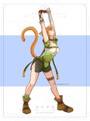 1girl alonemistrist animal_ears artist_name bell belt breasts cammy_stretch_(meme) cat_ears cat_girl cat_tail choker cleavage closed_eyes commission facial_mark fire_emblem fire_emblem:_path_of_radiance fire_emblem:_radiant_dawn green_choker green_shorts hand_guard highres laguz_(fire_emblem) lethe_(fire_emblem) medium_breasts meme nintendo o-ring o-ring_belt orange_tail shorts side_slit side_slit_shorts solo standing stretching tail thigh_belt thigh_strap thighs whisker_markings wrist_wrap