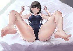 1girl barefoot bed black_eyes black_hair black_one-piece_swimsuit breasts cameltoe commentary_request competition_swimsuit covered_navel highleg highleg_one-piece_swimsuit highres large_breasts looking_at_viewer m_legs one-piece_swimsuit original short_hair solo spread_legs swimsuit wa_(genryusui)
