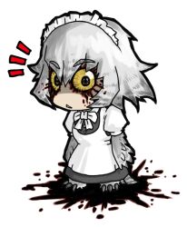 1girl apron bird_tail bird_wings black_dress black_eyes blood bloody_tears bow bowtie chibi chibi_only claws colored_sclera dress feathered_wings full_body futaba_channel grey_hair grey_tail grey_wings hair_between_eyes harpy legs_apart maid maid_headdress monster_girl nijiura_maids no_nose notice_lines oso_(toolate) owl_girl puffy_short_sleeves puffy_sleeves short_hair short_sleeves simple_background solo standing tail triangle_mouth white_apron white_background white_bow white_bowtie winged_arms wings yabai yellow_sclera
