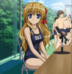 1girl 6+boys blonde_hair blue_eyes breasts chair fortune_arterial highres long_hair looking_at_viewer medium_breasts microphone multiple_boys school_swimsuit screencap sendou_erika sitting swimsuit tagme