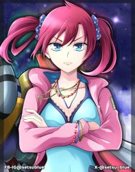 Rule 34 | 1girl, blue background, blue camisole, blue eyes, breasts, camisole, cleavage, collarbone, crossed arms, digimon, digimon card game, digimon story: cyber sleuth, highres, jacket, omegamon, pink jacket, red hair, setsu blue, shiramine nokia, solo focus, twintails, upper body
