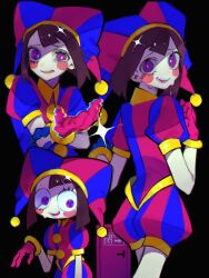 brown_hair dark_background hat highres jester jester_cap jester_costume jester_girl jester_outfit multicolored_eyes pomni_(the_amazing_digital_circus) striped_clothes striped_headwear sweat takenaka1111 the_amazing_digital_circus two-tone_eyes vertical-striped_clothes vertical-striped_headwear