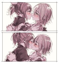 2girls amane_(7783) apron black_dress blush brown_eyes character_request check_copyright closed_eyes commentary_request copyright_request dress green_eyes grey_hair hand_on_another&#039;s_shoulder highres idolmaster idolmaster_cinderella_girls kiss maid maid_apron multiple_girls ponytail short_hair sweat yuri