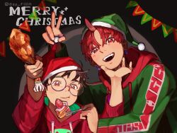 2boys absurdres arm_up asa_riiiiin black_background blush brown_eyes brown_hair cake chewing christmas dandadan drawstring ear_piercing earrings eating english_text enjoji_jin food food_on_face fork fruit glasses green_hat hand_on_another&#039;s_face hat highres holding holding_food holding_fork holding_unworn_clothes holding_unworn_hat holding_utensil hood hood_down hoodie hoop_earrings jewelry long_sleeves male_focus merry_christmas multicolored_hoodie multiple_boys open_mouth piercing print_hoodie red_eyes red_hair red_hat red_hood rimless_eyewear round_eyewear santa_hat short_hair strawberry string_of_flags takakura_ken_(dandadan) teeth turkey_(food) turkey_leg twitter_username unworn_hat unworn_headwear upper_teeth_only v