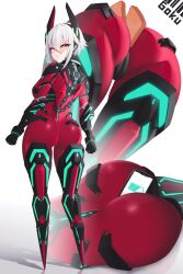 Rule 34 | 1girl, ass, between buttocks, bodysuit, bread, bread slice, cyborg, food, highres, horns, looking back, multiple views, peg leg, phone, red bodysuit, rer goku, solo, solo focus, toast, virtual youtuber, vshojo, white hair, yellow eyes, zentreya, zentreya (cyborg), zentreya (cyborg) (1st costume)