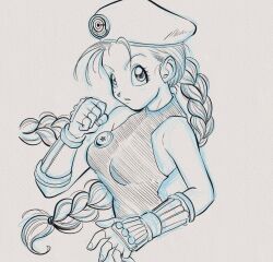 bare_shoulders beret braid bulma cammy_white cammy_white_(cosplay) capsule_corp cosplay crossover dragon_ball dragon_ball_(object) dragonbof fighting_stance fingerless_gloves gauntlets gloves hat highres ink leotard lock long_hair looking_at_viewer street_fighter tagme twin_braids