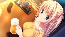 10s 1girl alcohol beer blonde_hair blue_eyes cup game_cg highres kagurazaka_namine koutaro long_hair mug open_mouth tropical_kiss tropical_vacation twinkle_(company)