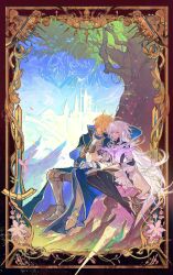 1boy 1girl absurdres armored_boots artoria_pendragon_(fate) blonde_hair book boots demon_girl dress fate/grand_order fate_(series) genderswap genderswap_(ftm) genderswap_(mtf) high_heels highres leaning_on_person linzijuezanchituzhong long_hair merlin_(fate/prototype) outdoors sitting sleeping very_long_hair white_dress white_hair